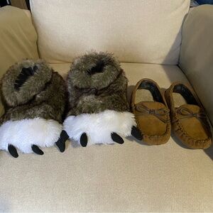 Toddler Boy Lionel Moccasin and Plush Wolf Animal Paw Slippers, Brown - Size 10